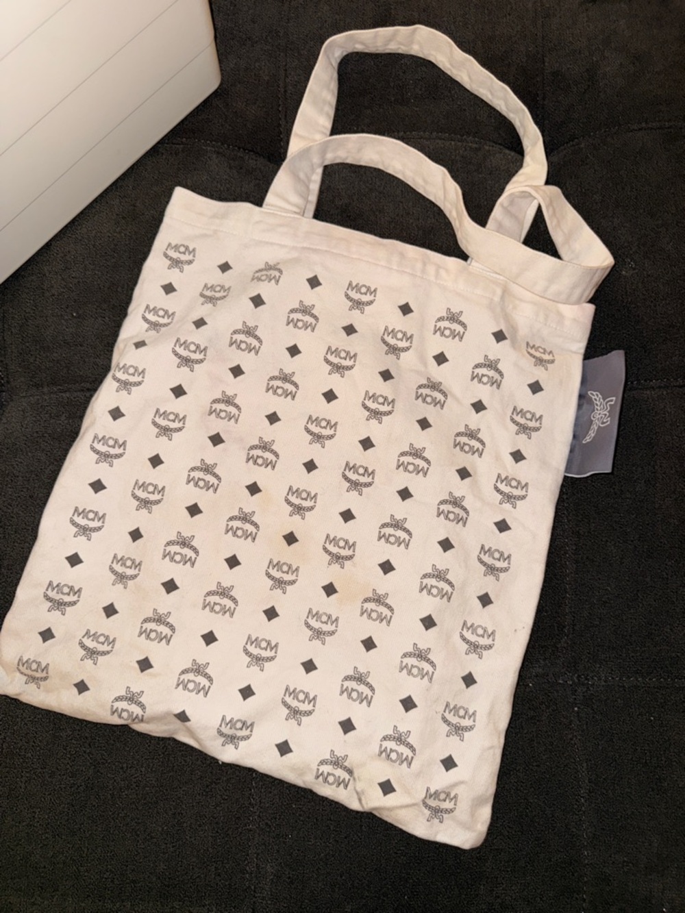 MCM Cream Canvas Logo Tote with Black Print